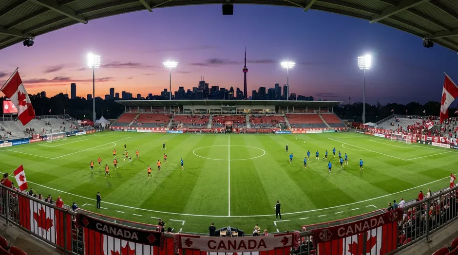 Le stade BMO Field de Toronto vu depuis les gradins avec la pelouse verte et le ciel du soir
