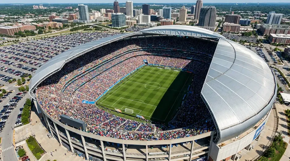 Vue aérienne d'un grand stade américain préparé pour la Coupe du Monde 2026