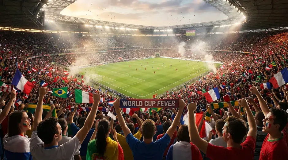 Supporters enthousiastes dans les tribunes d'un stade de football pendant un match de Coupe du Monde
