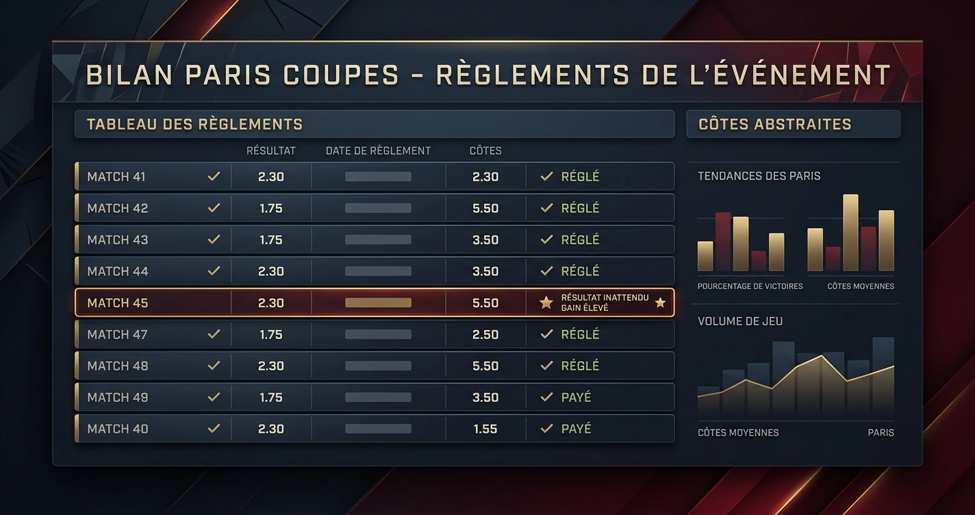 Tableau de règlement des marchés du Mondial 2026 avec cotes de clôture