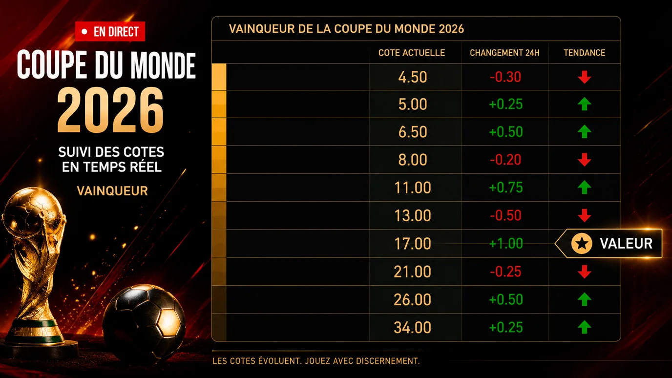 Tableau des cotes du vainqueur du Mondial 2026 et mes valeurs
